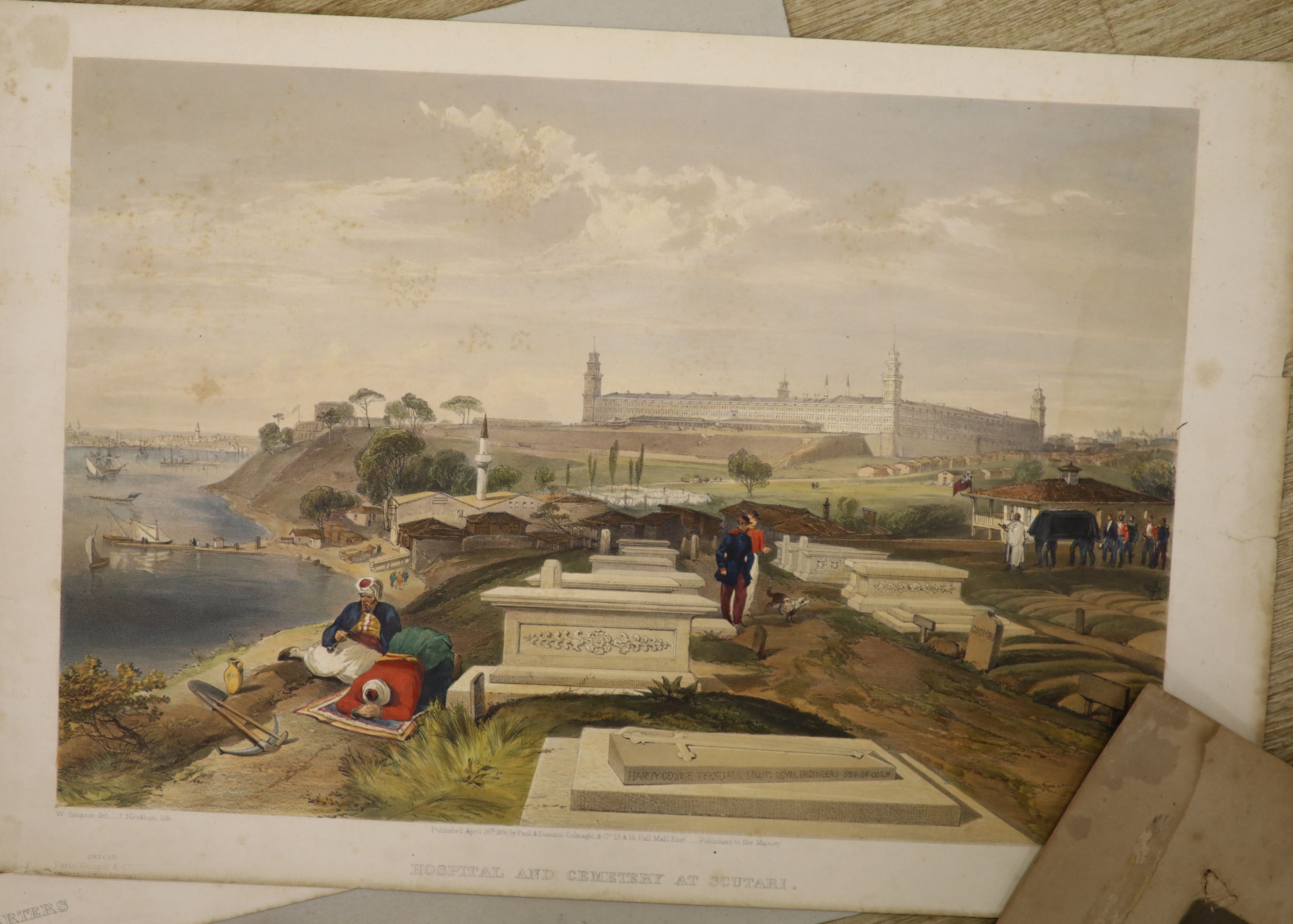 After W. Simpson, two coloured lithographs, Interior of Lord Raglands Headquarters and Hospital and Cemetery at Scutari, 36 x 45cm, with two other prints and a watercolour by Percy Hamilton, unframed
